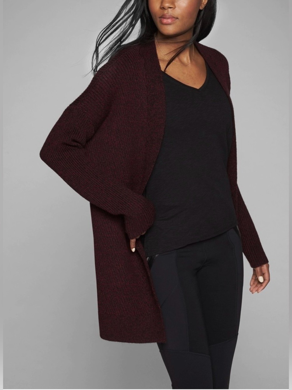 Athleta Chevron Shaker Burgundy & Black Open Front Cardigan